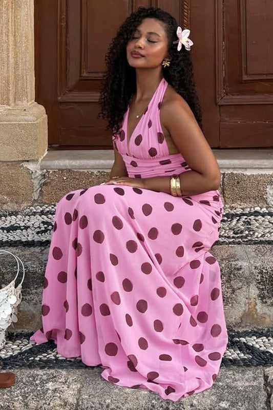 Vintage Polka Dot Halter V-neck Maxi Dress image 5