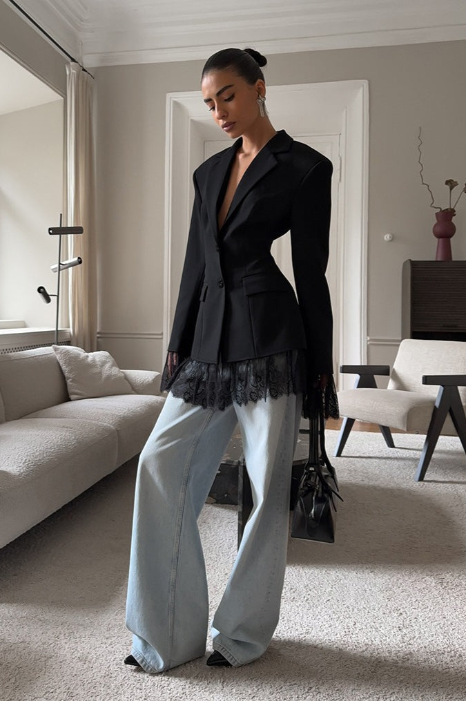 Black Lace Panel Blazer Jacket image 4