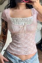 Square Neck Lace Spliced Tie Slim Blouse image 3