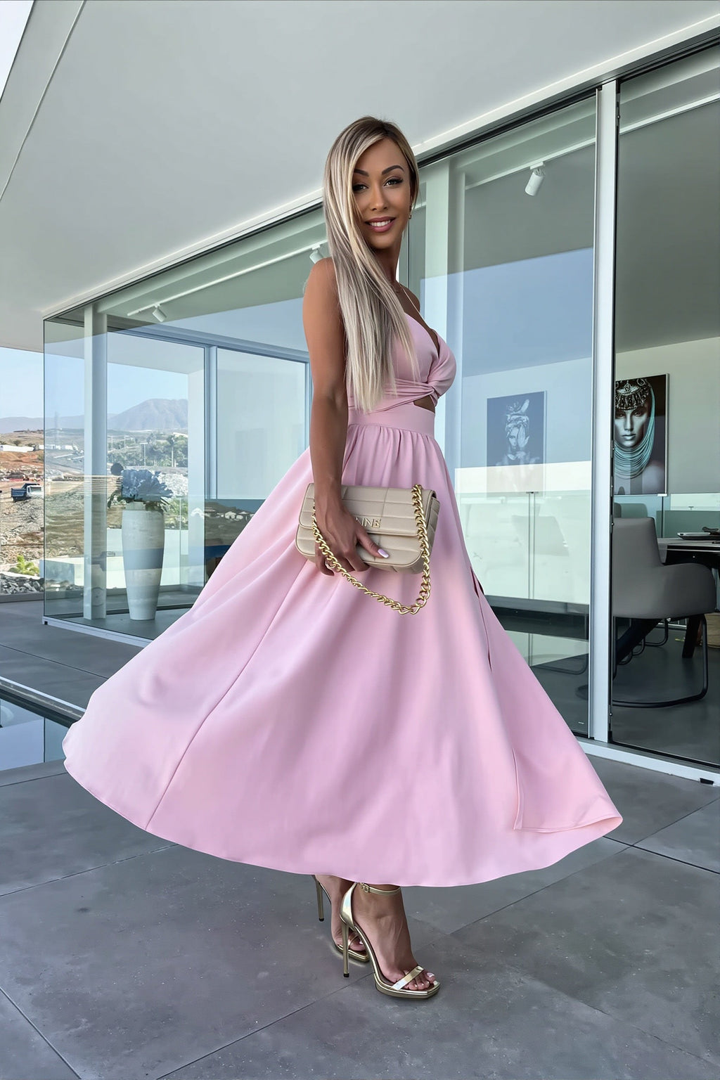 Solid Deep V Cut Out Cami Swing Slit Maxi Dress image 7