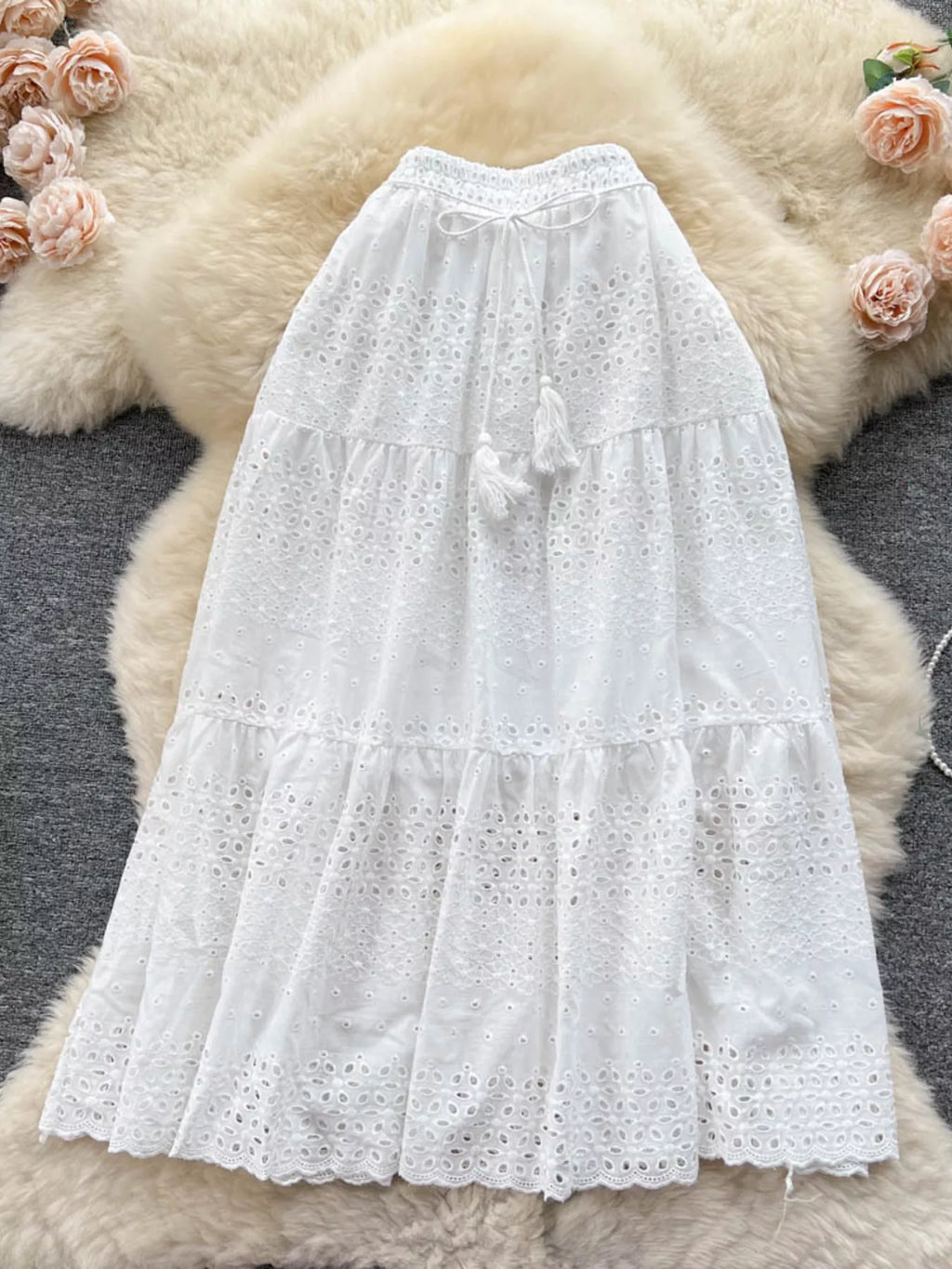 Soleil Eyelet Skirt detail view styled for Avrienne