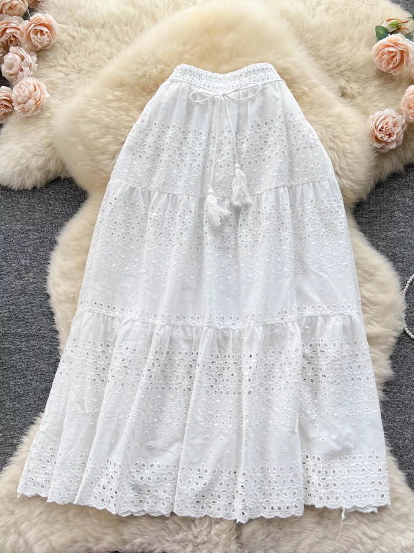 Soleil Eyelet Skirt detail view styled for Avrienne