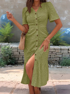 Selene Eyelet Midi Dress detail view styled for Avrienne