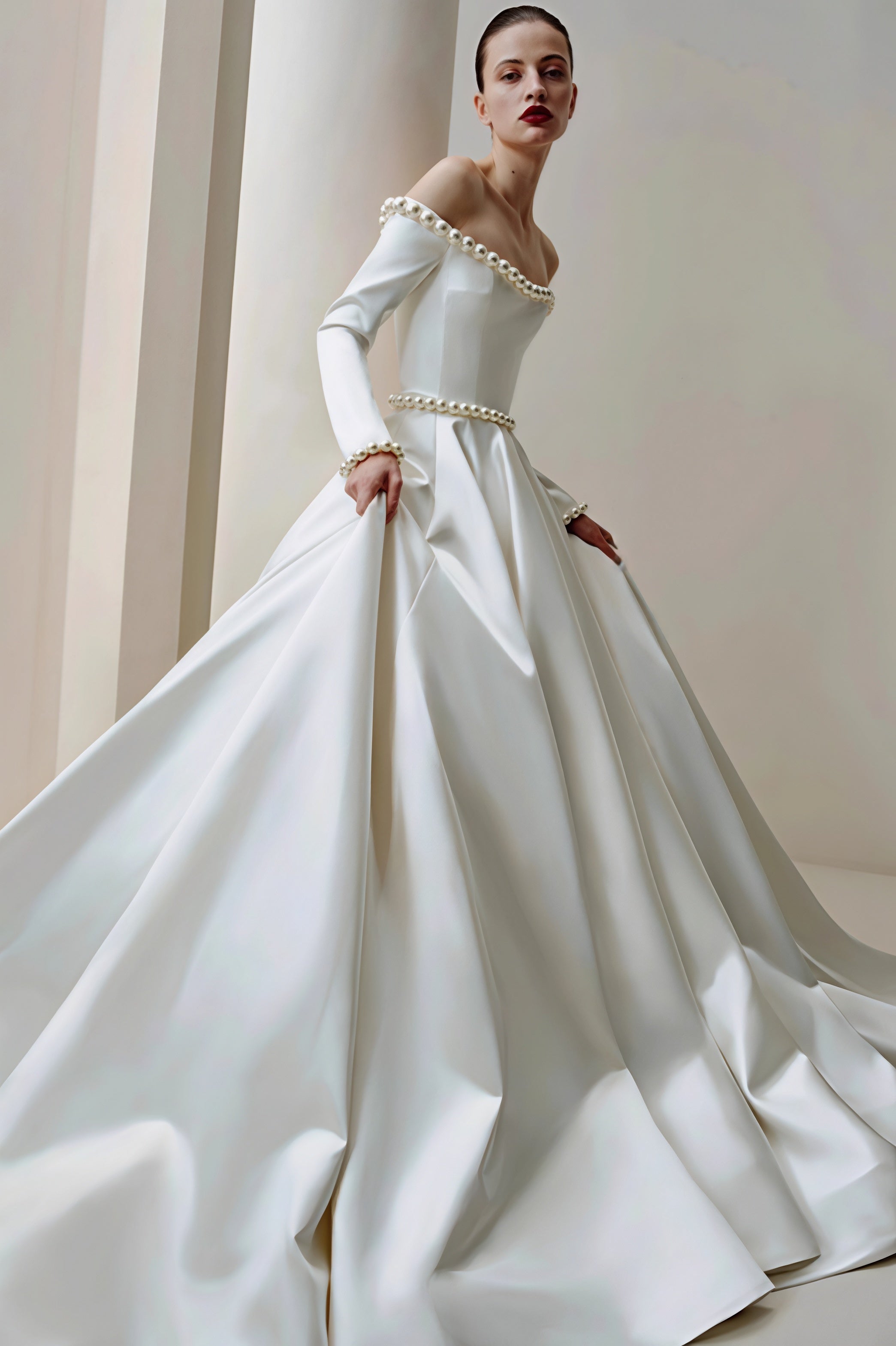 Vintage Satin Pearl Long Sleeve Off Shoulder Wedding Dress image 1