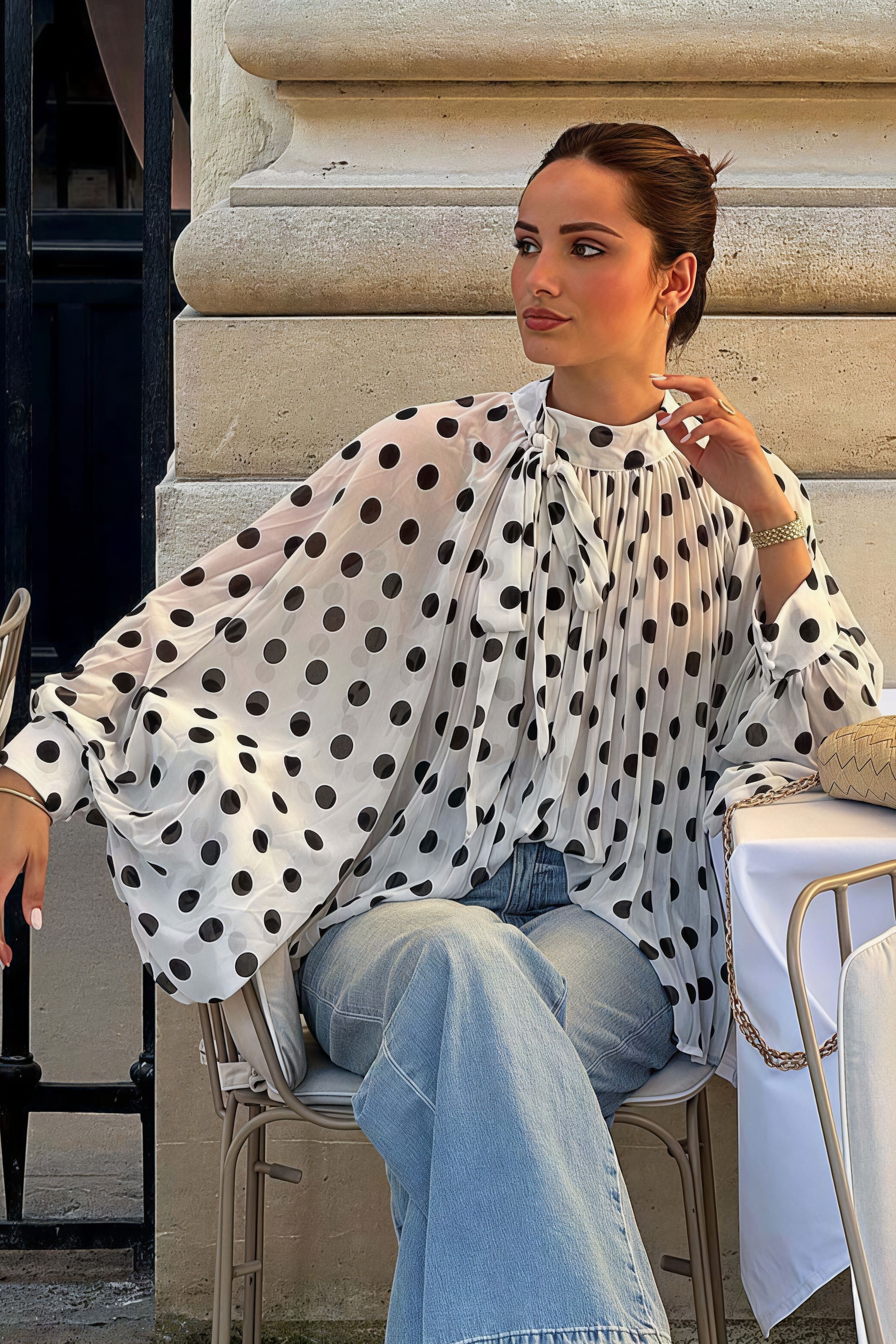 Polka Dot Tie Sheer Lantern Sleeve Blouse image 2