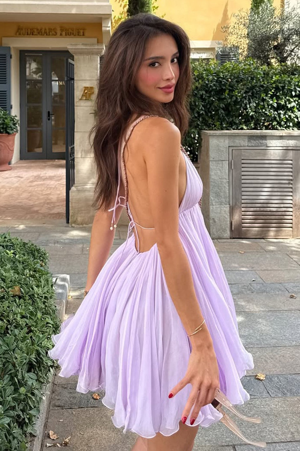 V Neck Sexy Tie A-Line Ruffled Mini Dress image 2