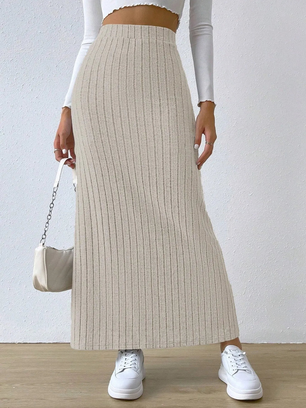 Noemi Ribbed Knit Skirt detail view styled for Avrienne