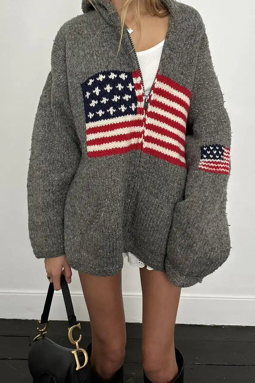 Chic Flag Graphic Knit Zippered Hoodie image 1