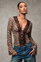 Lace Paneled Leopard Print Ruffled Cardigan Blouse image 1