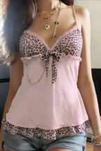 Sweet Leopard Patchwork Bow Lace Cami Top image 1