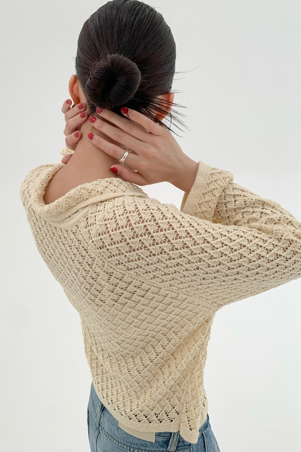 Hollow-Out Collared Tie-Waist Long-Sleeve Short Knit Cardigan image 6