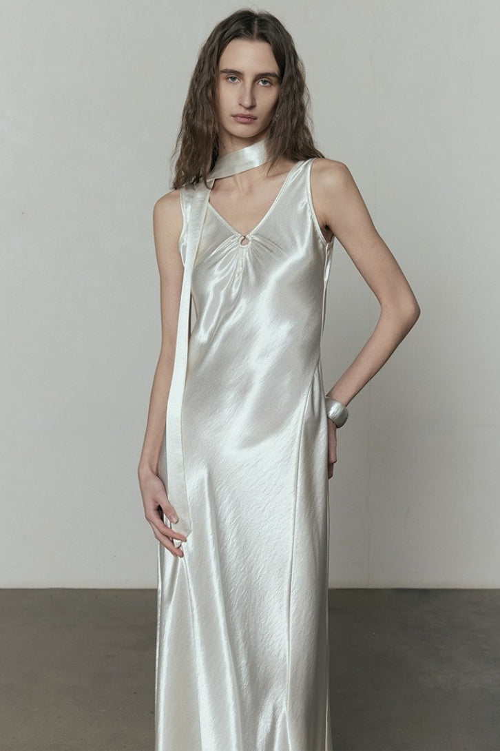 Simple Solid Satin V Neck Loose Maxi Dress image 3