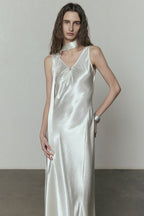 Simple Solid Satin V Neck Loose Maxi Dress image 3