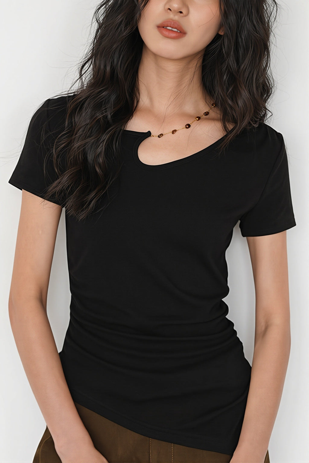 Solid Simple Beaded Hollow Neck T-Shirt image 2