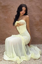 Solid Floral Patchwork Boned Tie Ruched Elegant Maxi Dress image 3