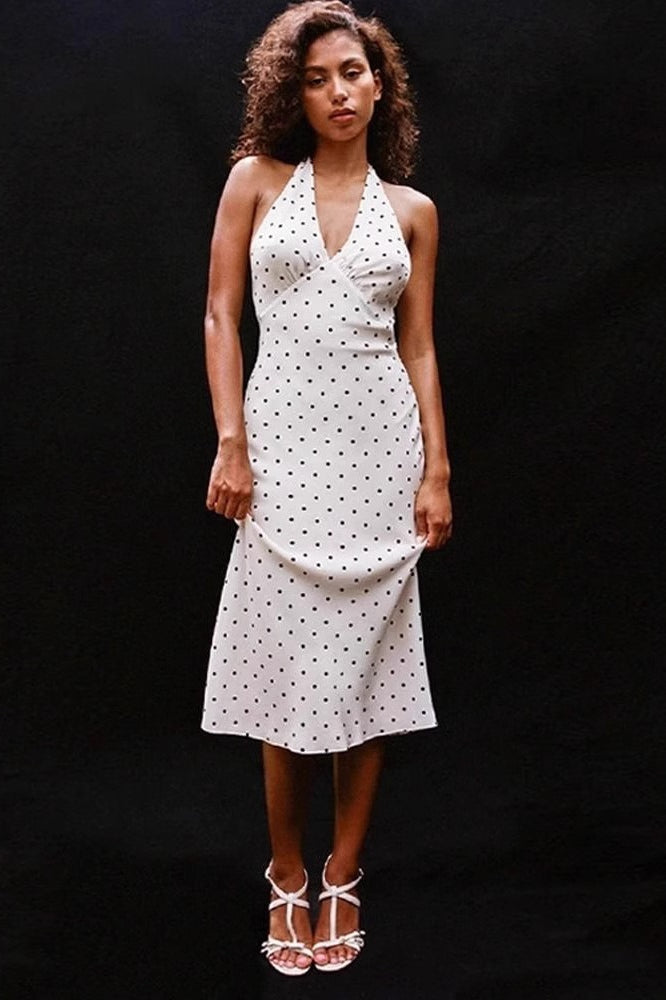 Retro Halter V Neck Polka Dot Sexy Midi Dress image 3