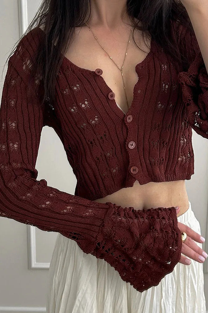Hollow Out Knit V Neck Long Sleeve Cardigan image 25
