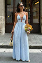 Deep V Neck Striped Backless Maxi Dress image 1
