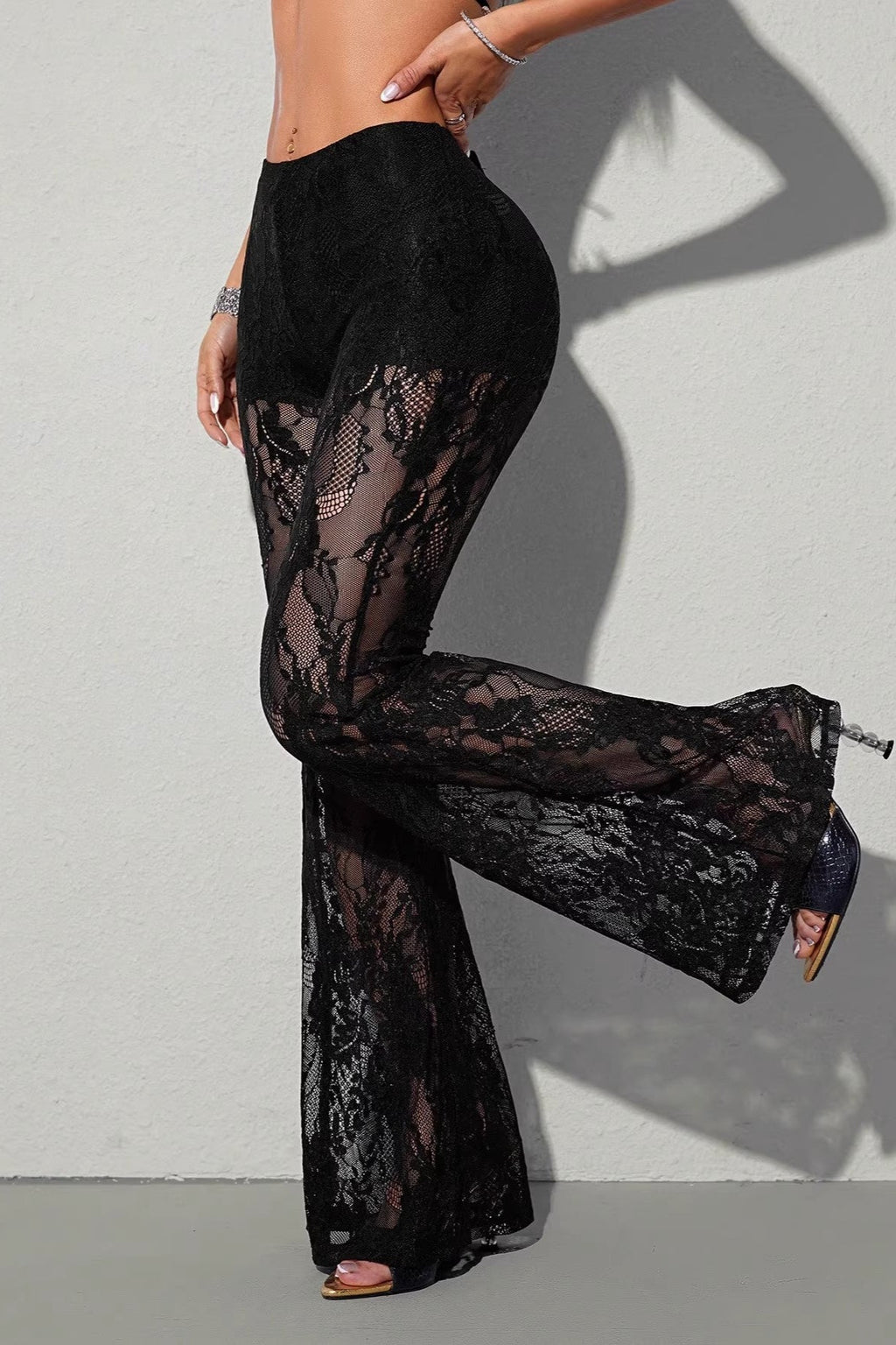 Chic Lace Panel Flared Mesh Pants image 4