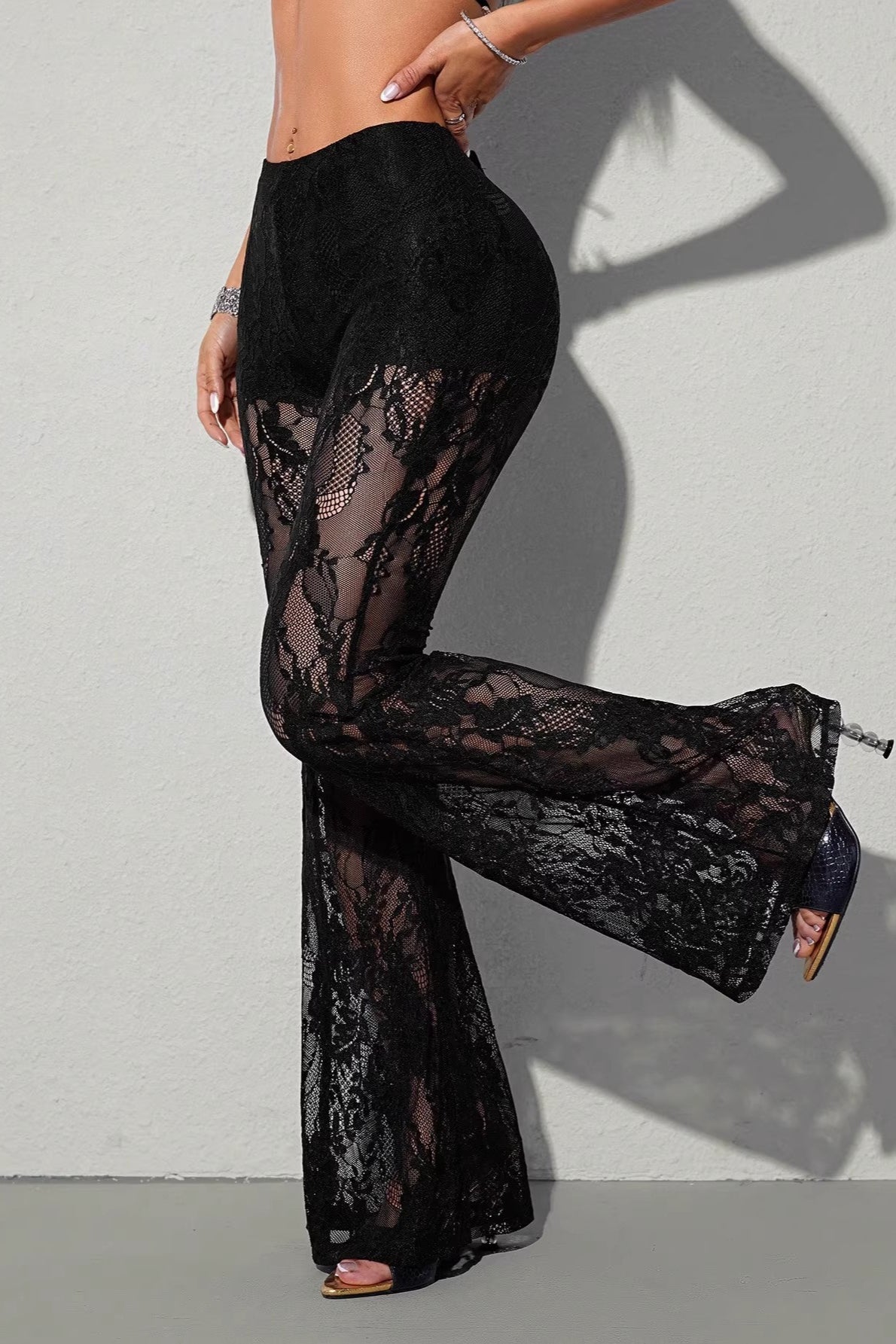 Chic Lace Panel Flared Mesh Pants image 4