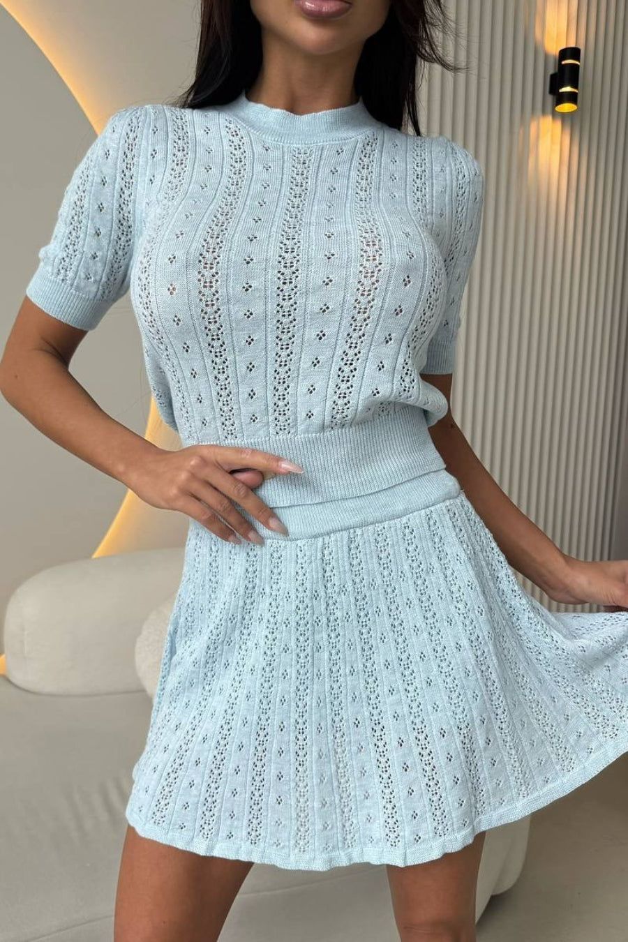 Lightweight Knit Solid Crew Neck Cutout Skirt Set image 11