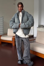 Washed Denim Stand Collar Puffer Jacket image 6