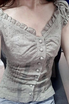 Ruched Low Neck Button Ruffled Lace Tank Top image 4