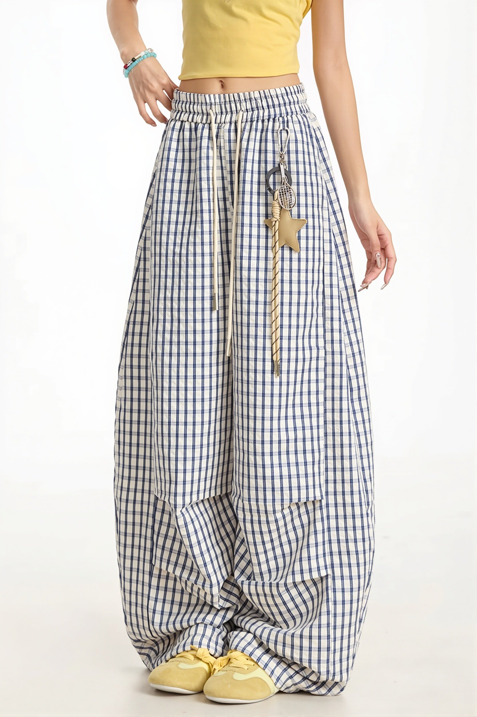 Casual Blue Plaid Curved Pants image 2