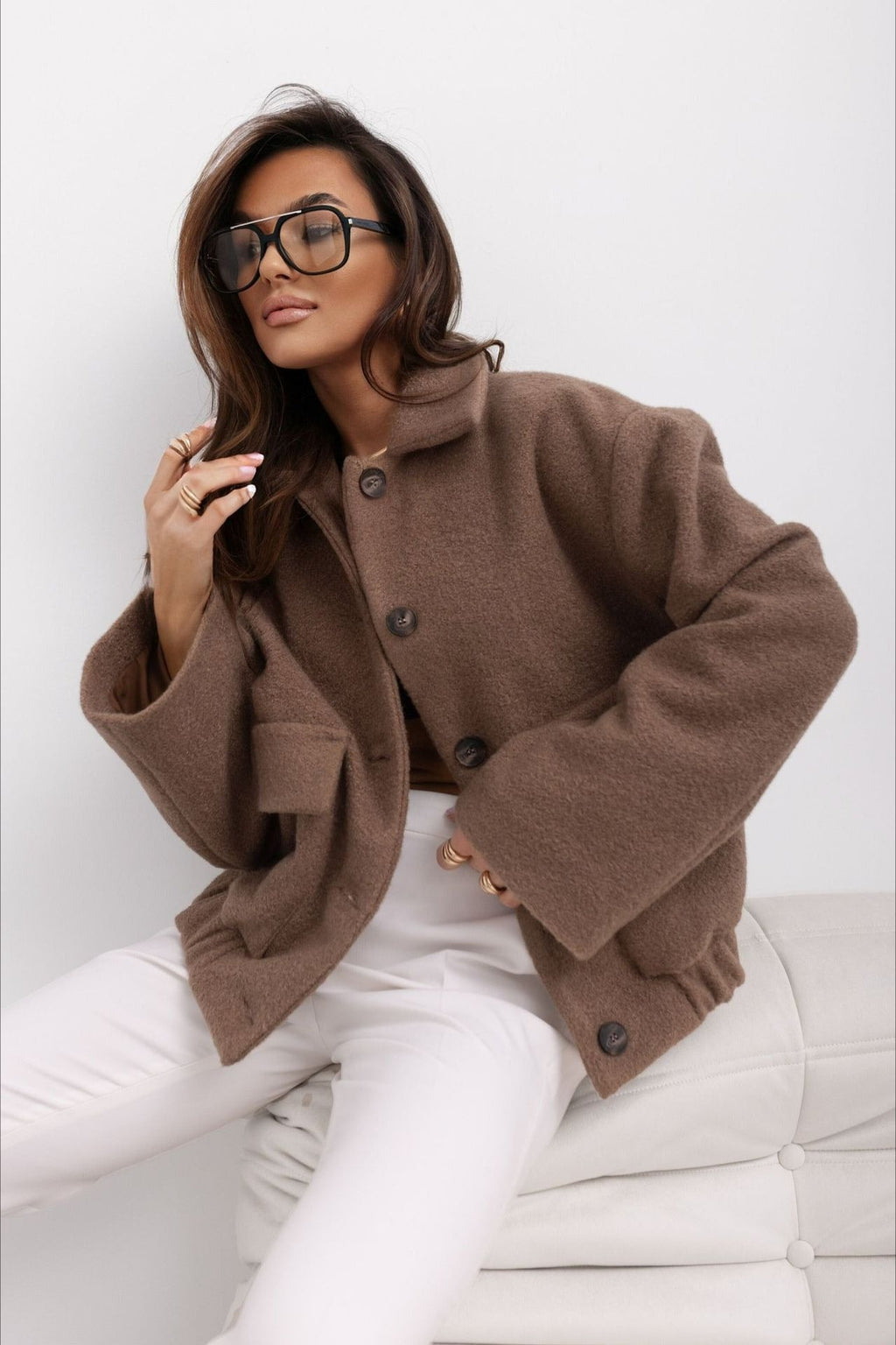 Trendy Solid Wool Pocket Elastic Snap Coat image 1