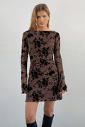 Velvet Floral Flocked Slim Fit Long Sleeve Mini Party Dress image 1