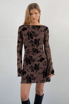 Velvet Floral Flocked Slim Fit Long Sleeve Mini Party Dress image 1