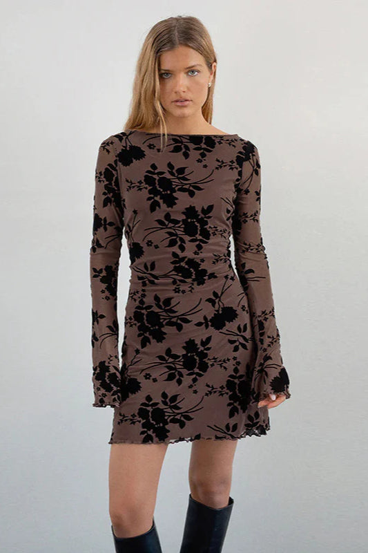 Velvet Floral Flocked Slim Fit Long Sleeve Mini Party Dress image 1
