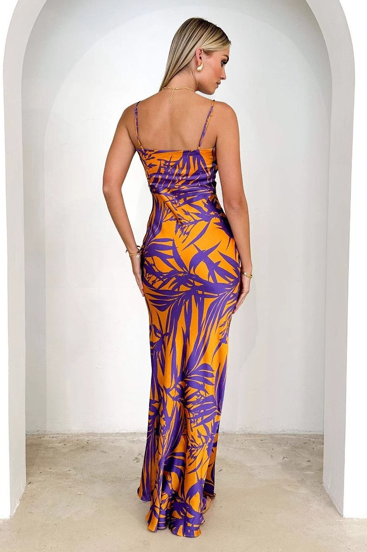 Sexy Purple Floral Print V-neck Slim Maxi Dress image 3