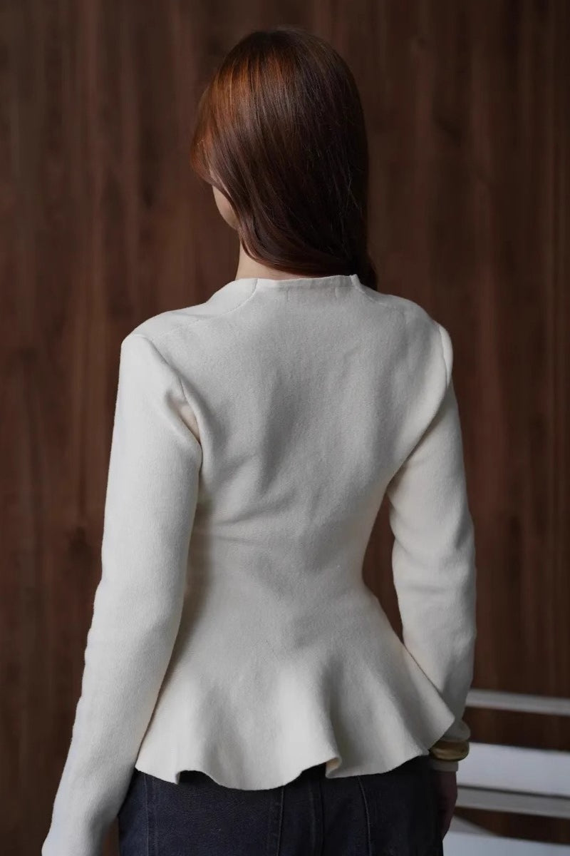 Solid Fitted Ruffled Hem Long Sleeve Knit Cardigan image 6