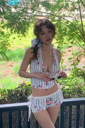 Striped Floral Halter Two Piece Swim Set image 1
