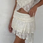 2 Piece Lace Sheer Outfits Flower Layered Crop Camis Tops + High Waist Irregular Hem Mini Skirt Party Club Night Matching Set image 5
