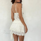 2 Piece Lace Sheer Outfits Flower Layered Crop Camis Tops + High Waist Irregular Hem Mini Skirt Party Club Night Matching Set image 3