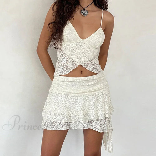 2 Piece Lace Sheer Outfits Flower Layered Crop Camis Tops + High Waist Irregular Hem Mini Skirt Party Club Night Matching Set image 1