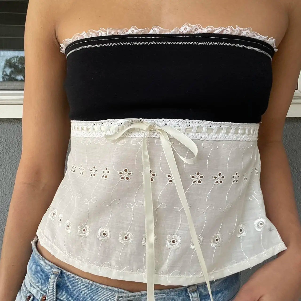 Lace Patchwork Hollow Crop Top image 3