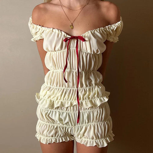 2000s Retro 2 Piece Set Cottage Lounge Vintage Ruched Off Shoulder T-shirt Crop Tops + Shorts Kawaii Pajamas Women Y2K Outfits image 1