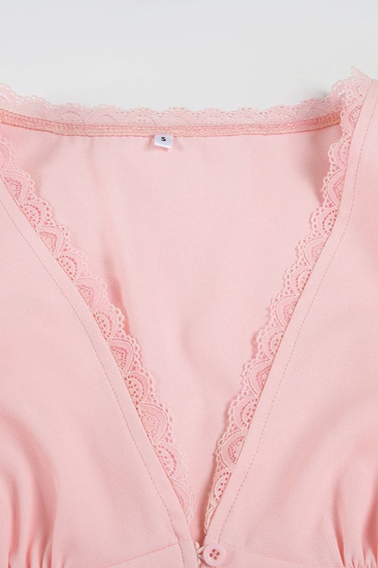 Lace Patchwork V Neck Puff Sleeve Blouse image 9