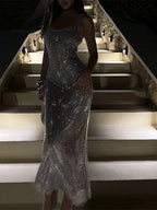Solid Sequin Square Collar Sling Party Dress image 6