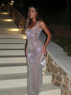 Solid Sequin Square Collar Sling Party Dress image 2