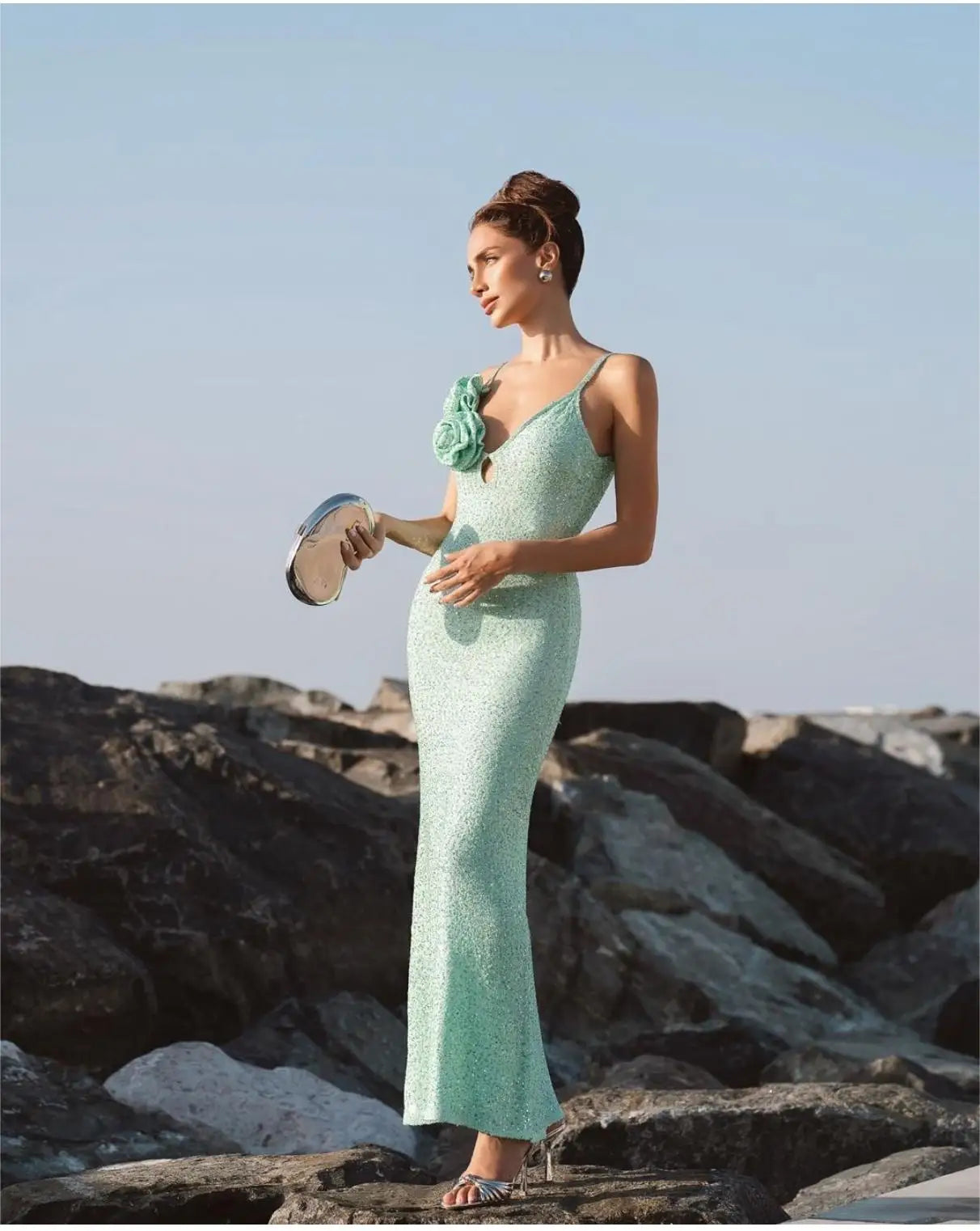 Mint Green Sequins Spaghetti Party Dress image 3