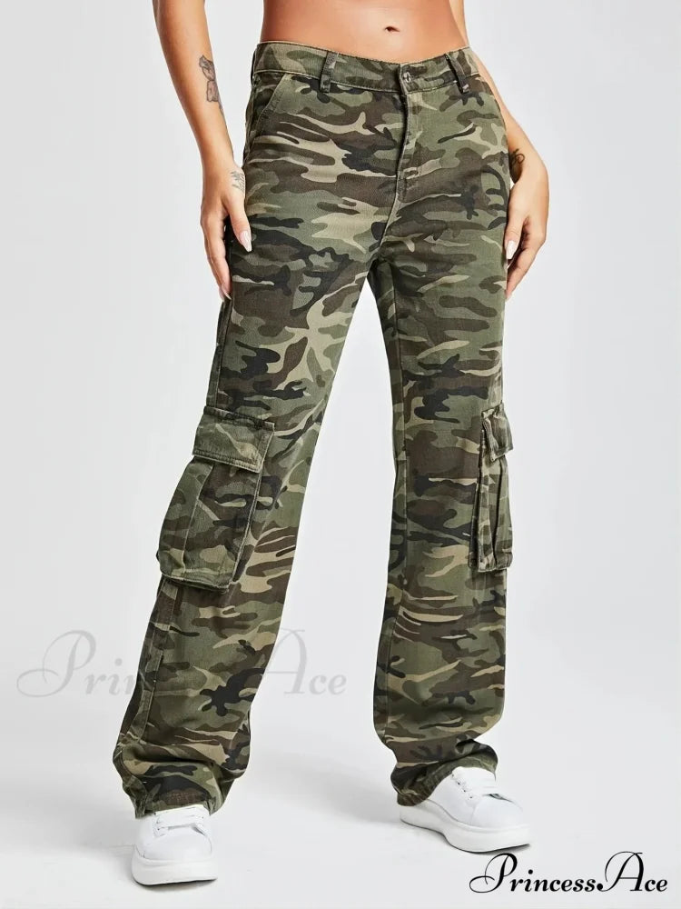 Camouflage Women's Cargo High Wist Vintage Baggy Denim Straight Casual Fashion Jean image 2