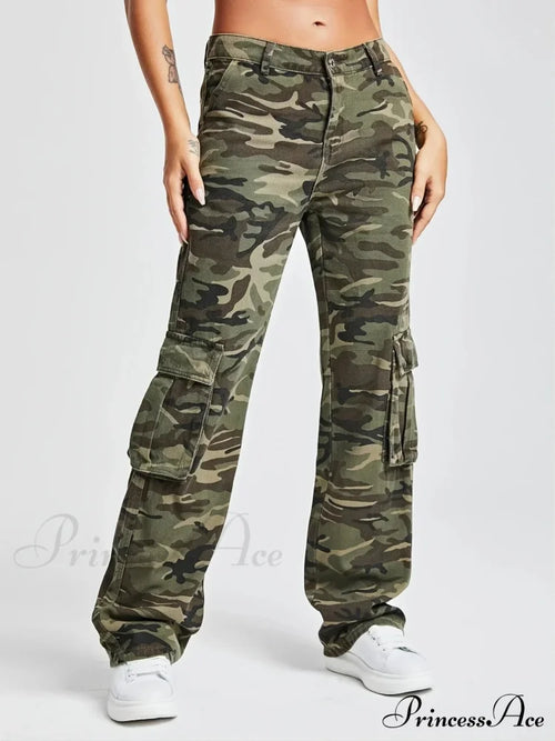Camouflage Women's Cargo High Wist Vintage Baggy Denim Straight Casual Fashion Jean image 2