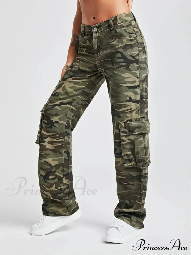 Camouflage Women's Cargo High Wist Vintage Baggy Denim Straight Casual Fashion Jean image 5