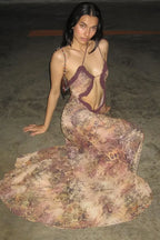 Halter Neck Printed Maxi Mesh Hollow Out Sleeveless High Waist Split Elegant Y2k Par Cut Out Dress image 2