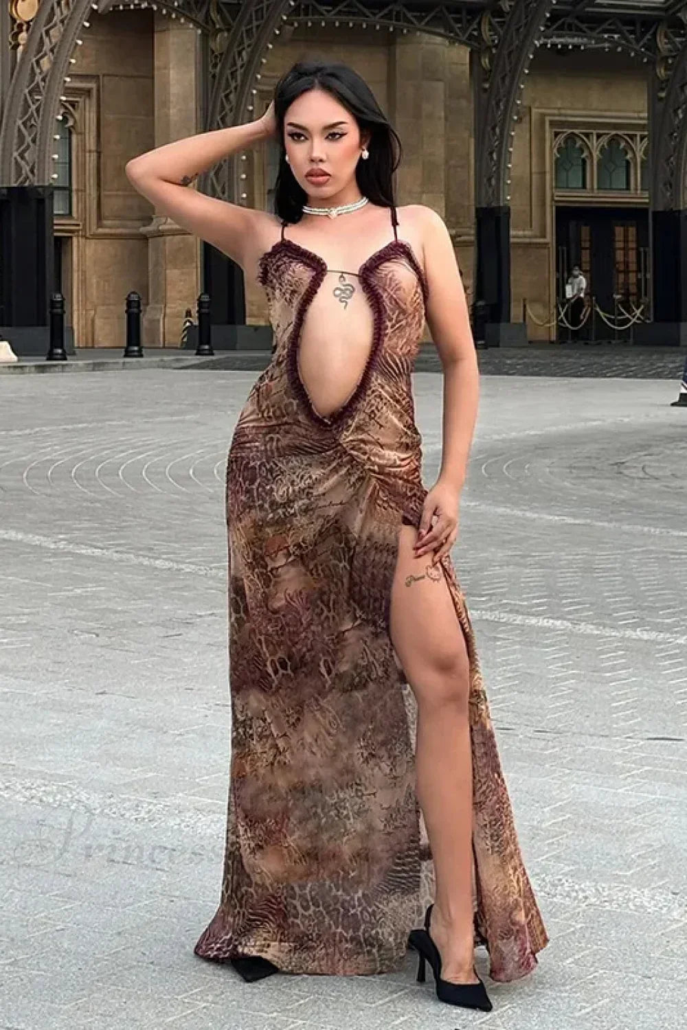 Halter Neck Printed Maxi Mesh Hollow Out Sleeveless High Waist Split Elegant Y2k Par Cut Out Dress image 5