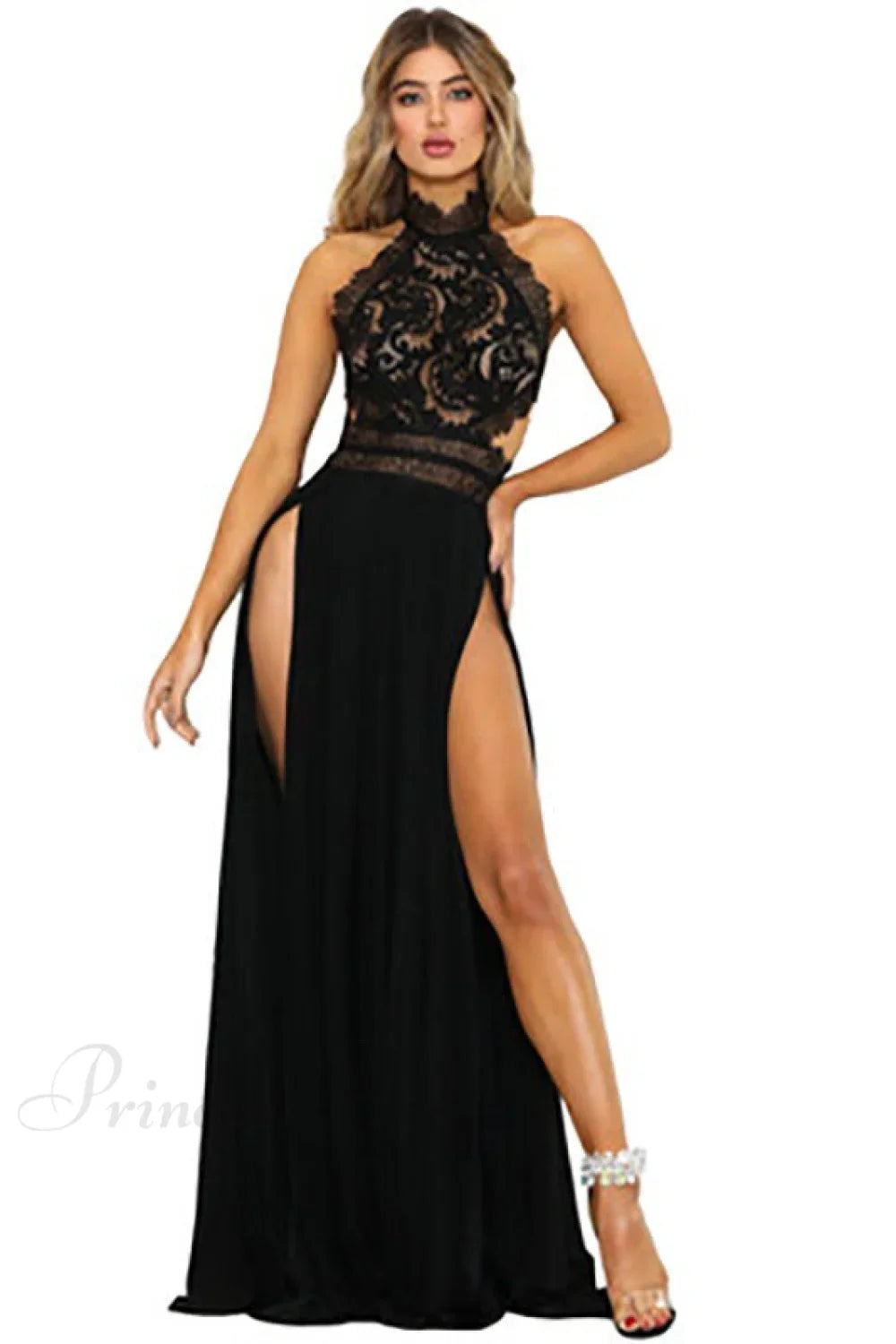 lady's Sexy See-Through lace Nude Back High Slit Dress image 3
